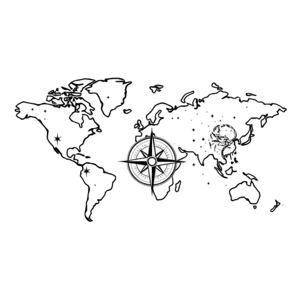 Blackwork World Map Tattoo with Compass and Scorpion Design Blackwork World Map Tattoo with Compass and Scorpion Design