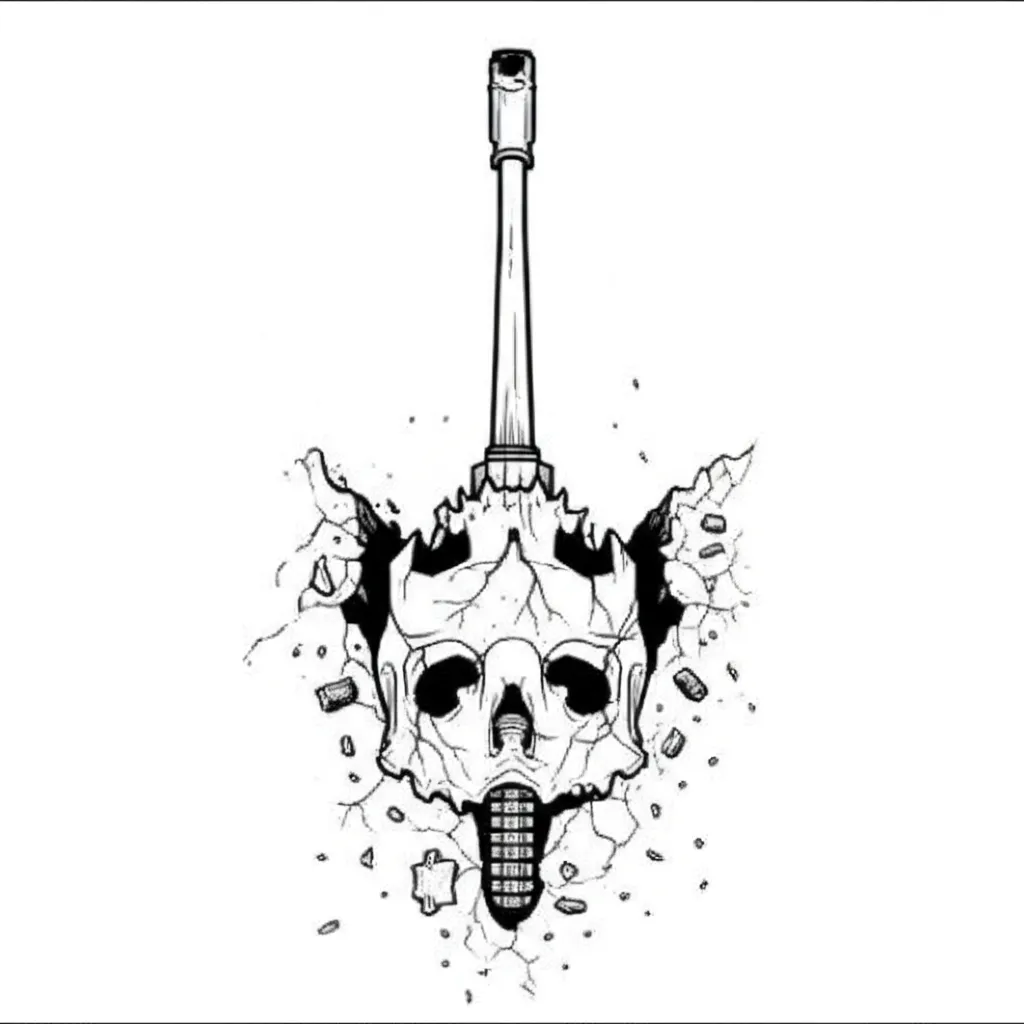 Skull Tank Turret Tattoo: Black and Grey War Relic Design