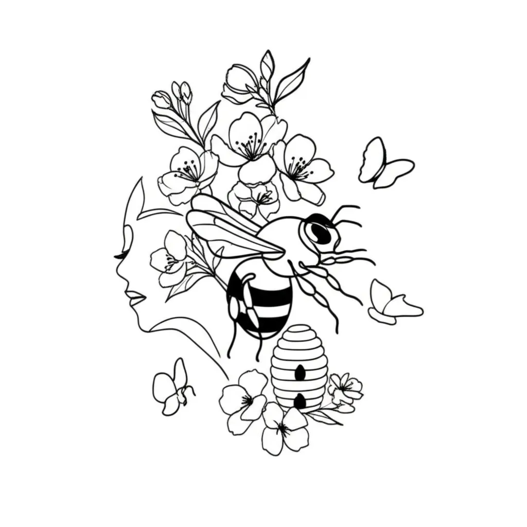 Minimalist Bumblebee, Flowers, and Woman Face Tattoo Idea Minimalist Bumblebee, Flowers, and Woman Face Tattoo Idea