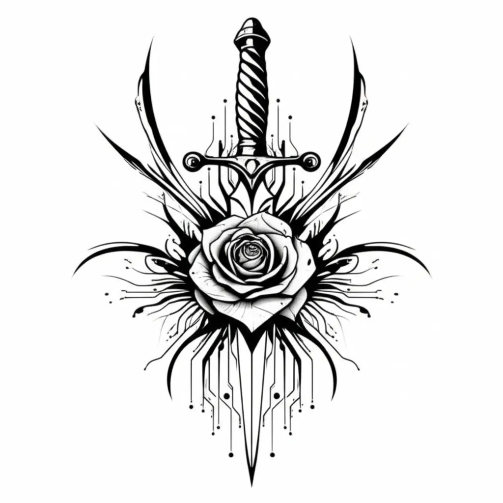 Cyber Sigilism Rose and Dagger Tattoo Design