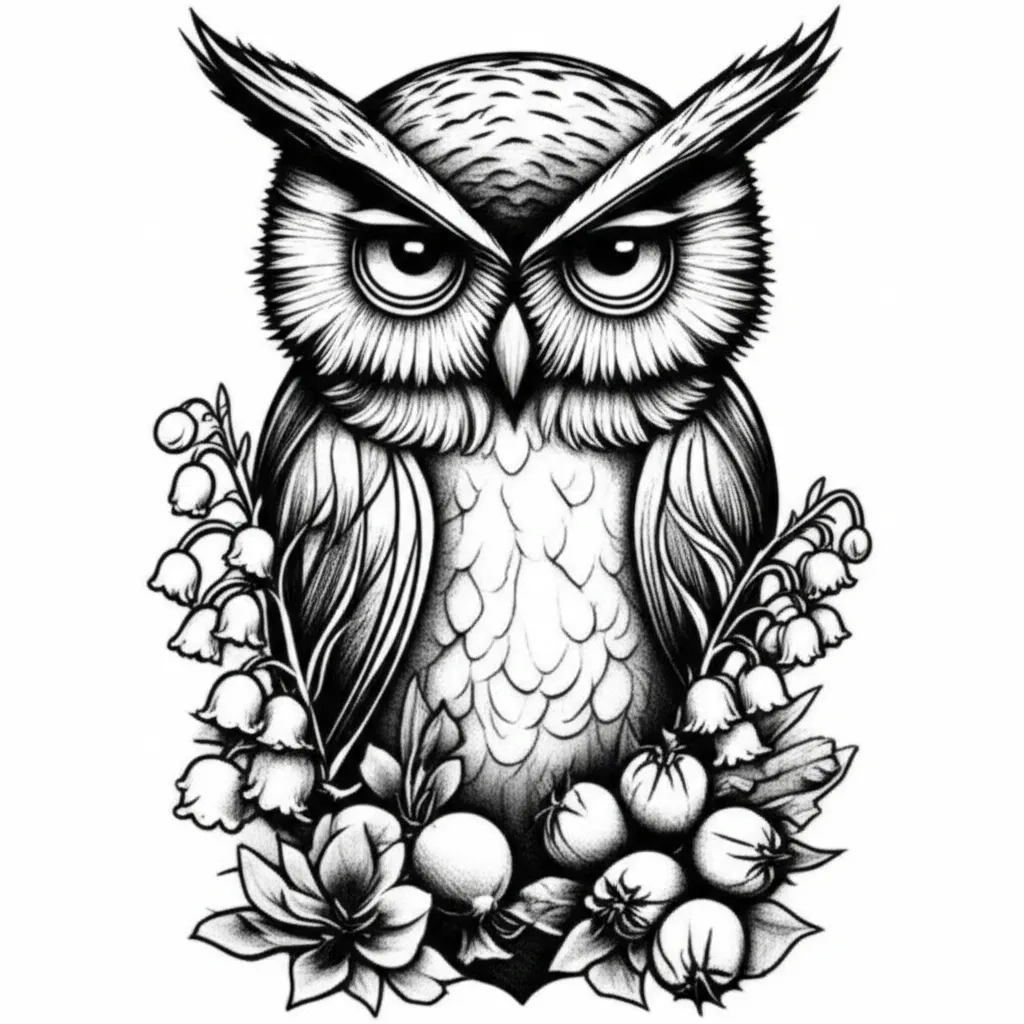 Gothic Owl Tattoo with Lily of the Valley & Hawthorn Design Gothic Owl Tattoo with Lily of the Valley & Hawthorn Design