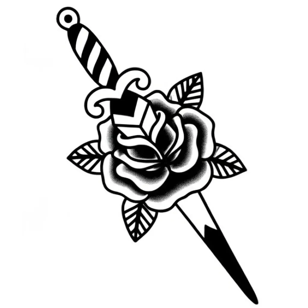 American Traditional Rose and Dagger Tattoo Design