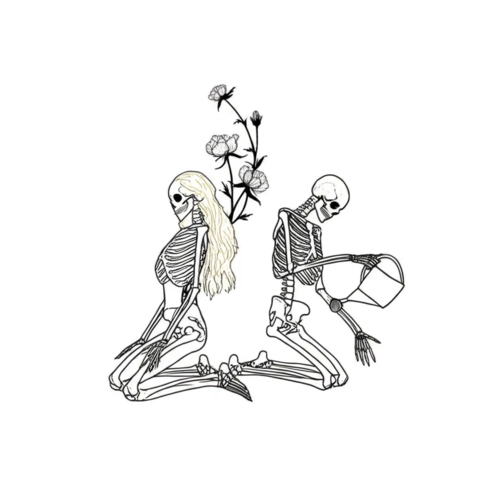 Minimalist Skeleton Couple Tattoo: Watering Love and Growth