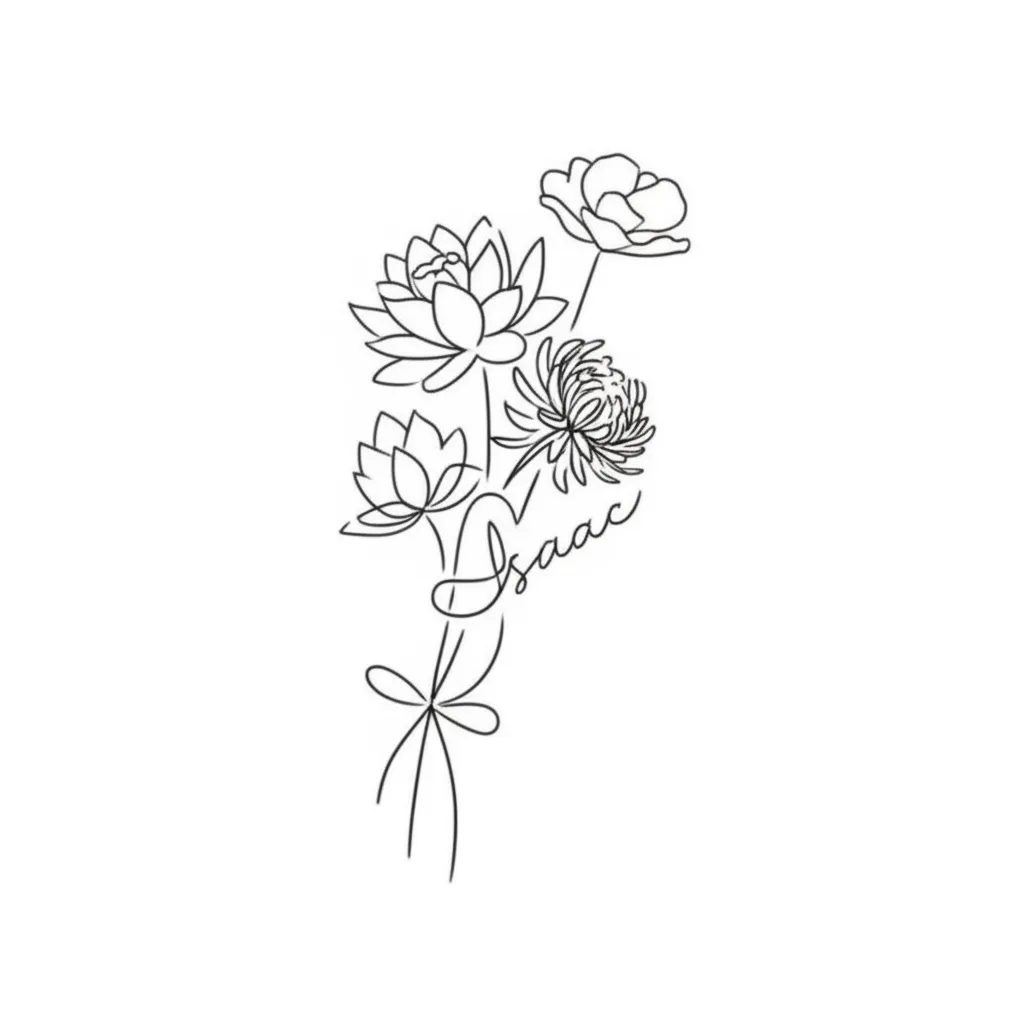 Fine Line Floral Bouquet Tattoo with Name - Water Lily, Chrysanthemum, Narcissus, Poppy