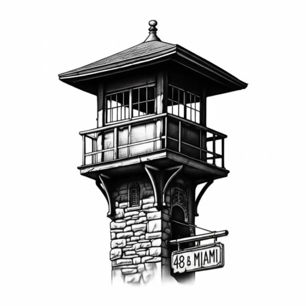 Gothic Prison Watchtower Tattoo with 48th & Miami Sign Gothic Prison Watchtower Tattoo with 48th & Miami Sign
