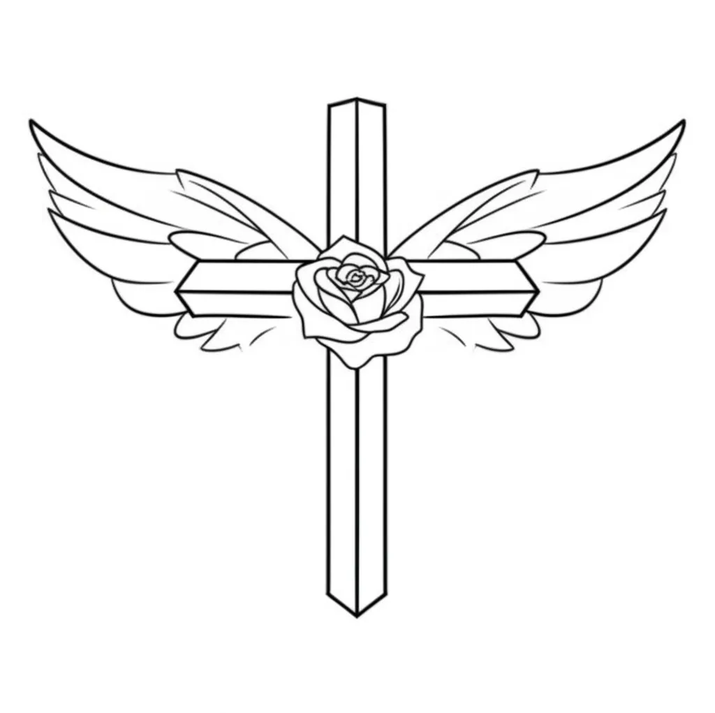 Minimalist Cross with Rose and Angel Wings Tattoo Design Minimalist Cross with Rose and Angel Wings Tattoo Design