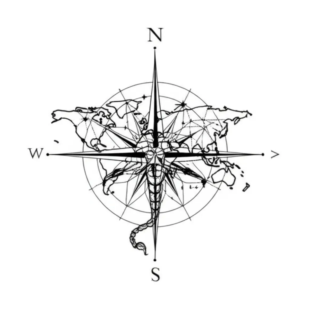 Blackwork World Map Compass Scorpion Tattoo Design Blackwork World Map Compass Scorpion Tattoo Design
