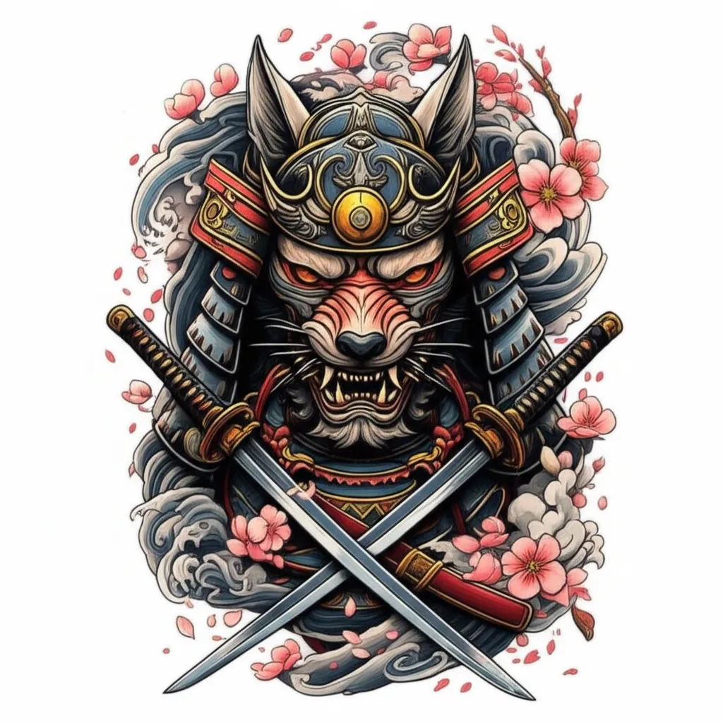 Wolf Samurai Mask Tattoo with Swords and Pink Flowers