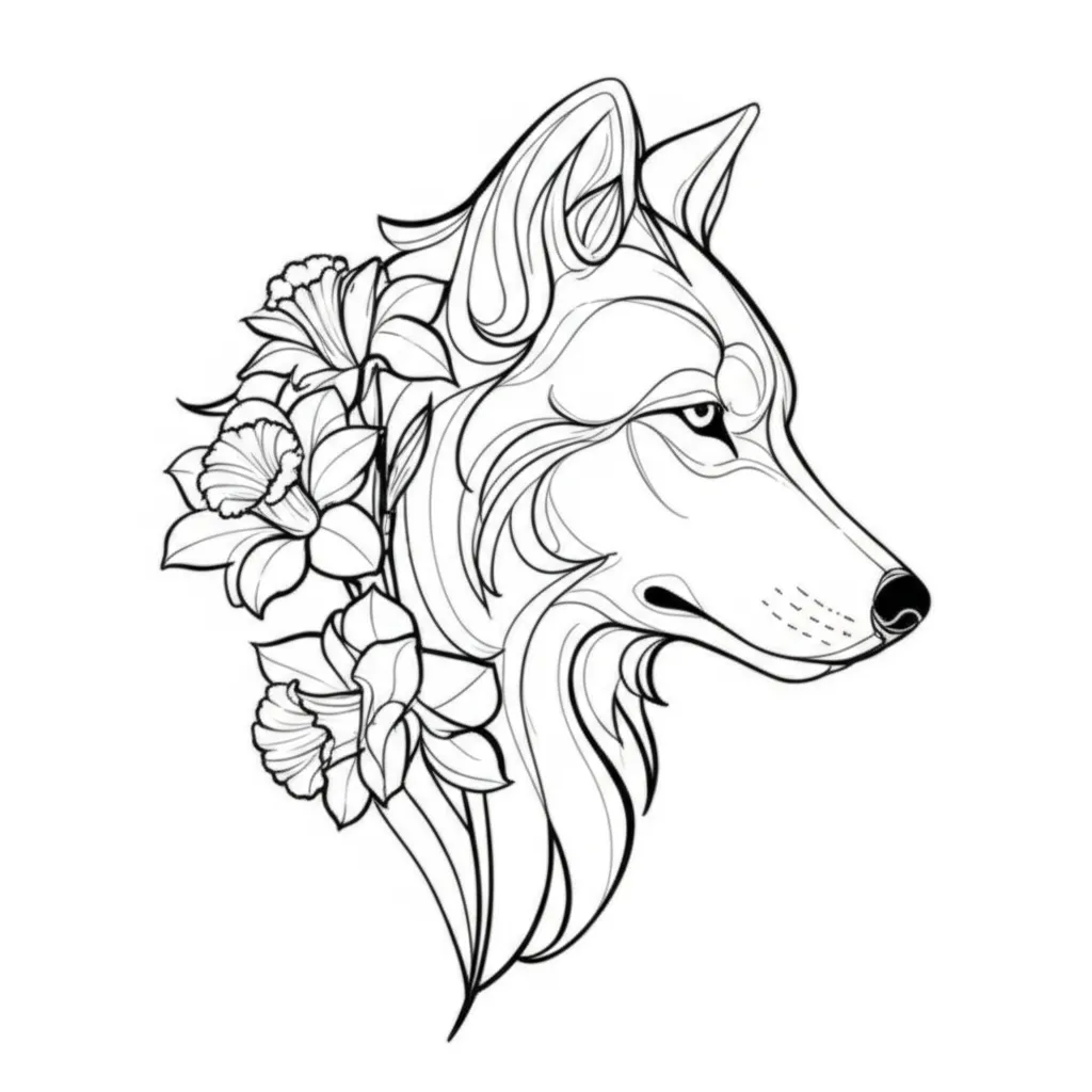 Minimalist Wolf Tattoo with Narcissus Flowers Sleeve Design Minimalist Wolf Tattoo with Narcissus Flowers Sleeve Design