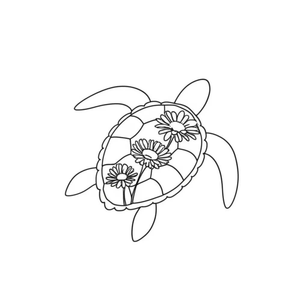 Fine Line Turtle Tattoo with Aster Flowers - Minimalist Design Fine Line Turtle Tattoo with Aster Flowers - Minimalist Design