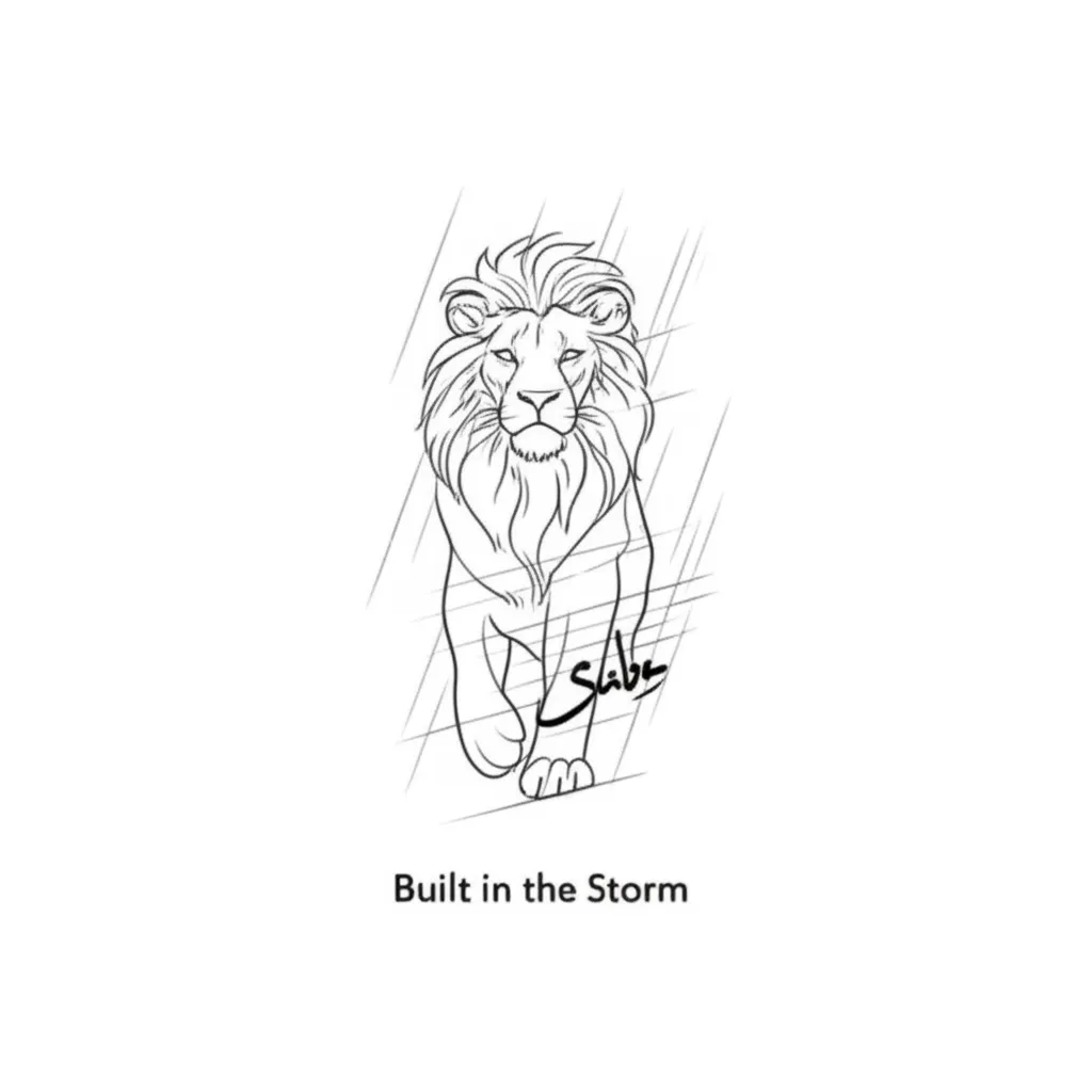 Minimalist Lion Tattoo with Scars, Sabr, and 'Built in the Storm'