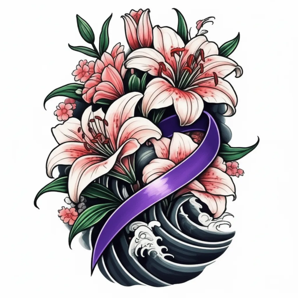 Japanese Lily and Purple Ribbon Tattoo Design