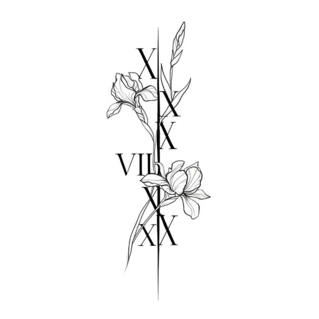 Minimalist Roman Numeral Iris Flower Tattoo: September 7, 1985 Minimalist Roman Numeral Iris Flower Tattoo: September 7, 1985