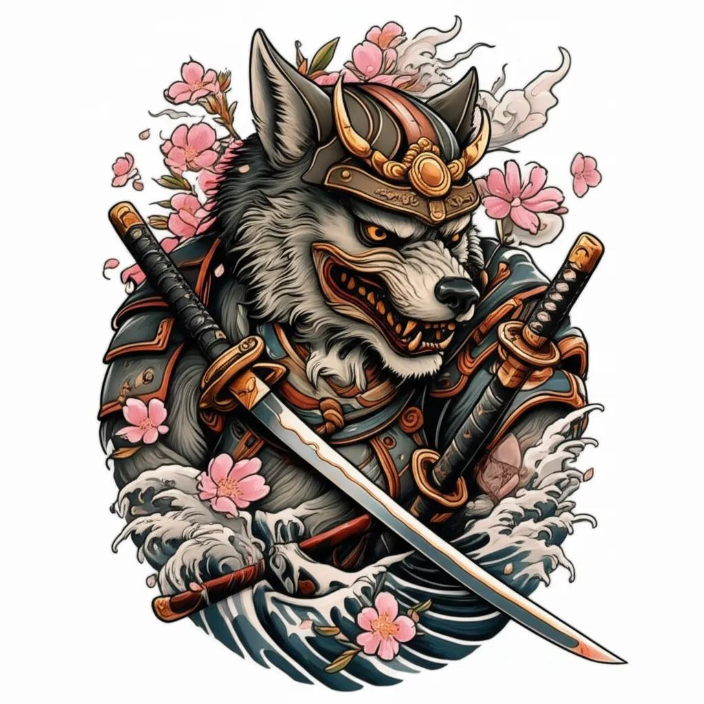 Realistic Wolf Samurai Mask Tattoo with Swords and Pink Flowers