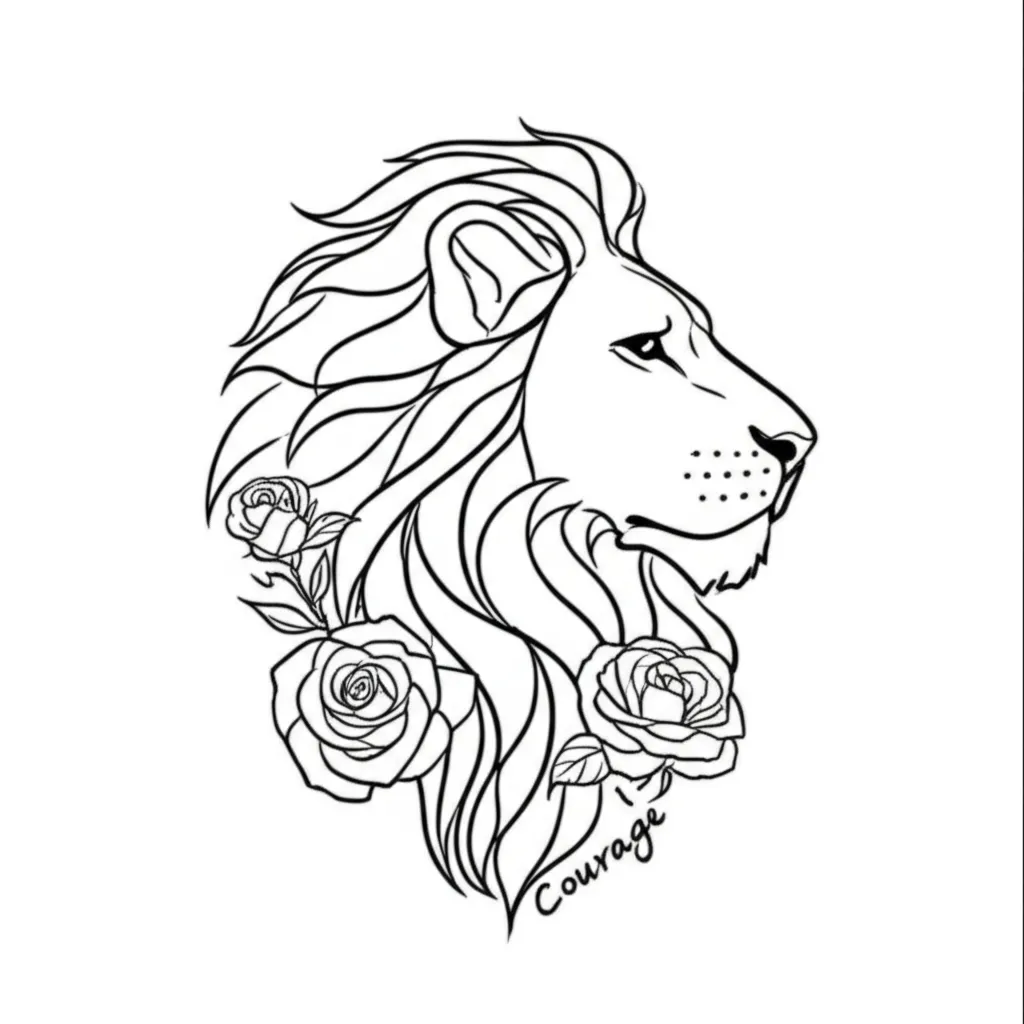 Minimalist Lion Tattoo with Roses and Courage Script