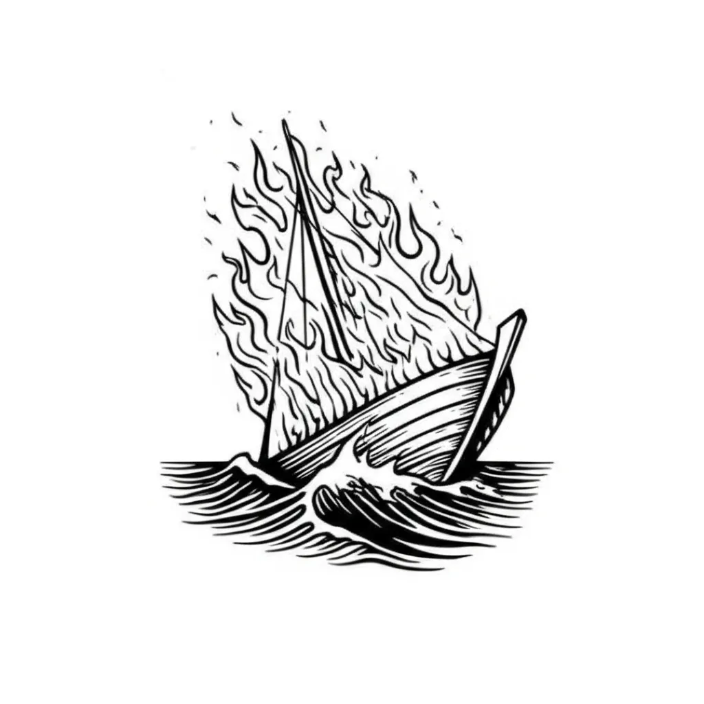Minimalist Burning Boat Tattoo Design