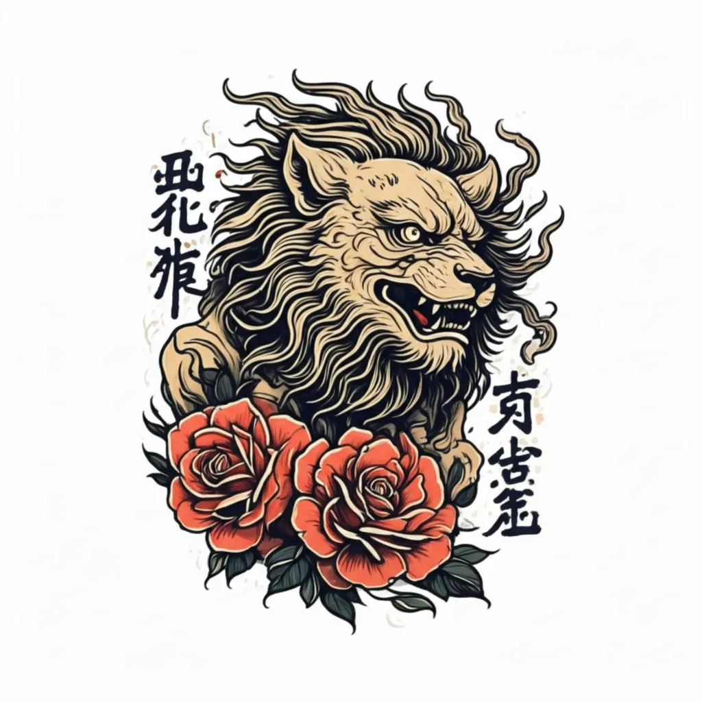 Japanese Lion Tattoo with Roses and Meaningful Words