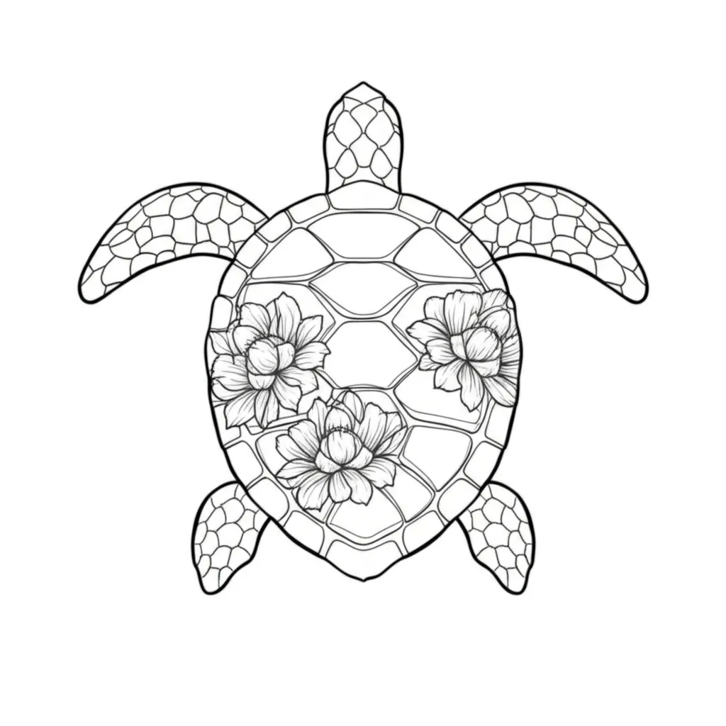 Fine Line Turtle Tattoo with Aster Flowers - Minimalist Design Fine Line Turtle Tattoo with Aster Flowers - Minimalist Design
