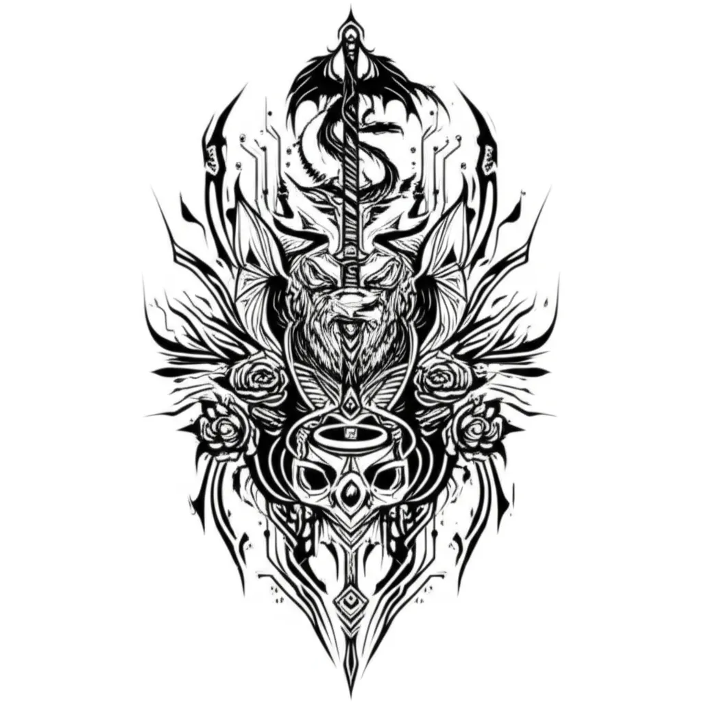 Cyber Sigilism Tattoo: Skull, Sword, Wolf, Dragon & Roses Cyber Sigilism Tattoo: Skull, Sword, Wolf, Dragon & Roses