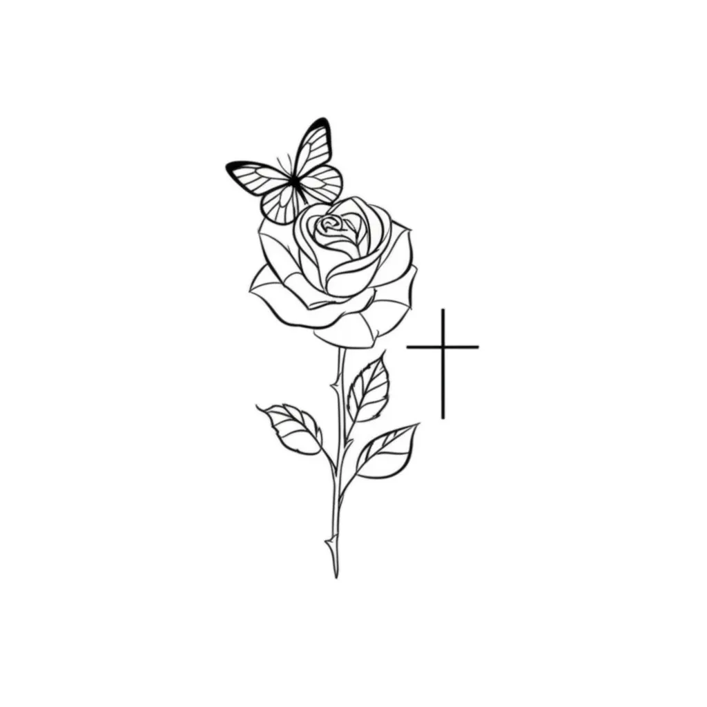 Minimalist Rose Butterfly Cross Tattoo Design
