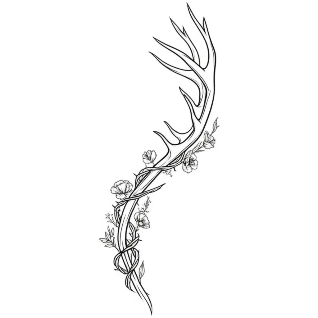 Fine Line Spine Tattoo with Antlers, Barbed Wire & Flowers Fine Line Spine Tattoo with Antlers, Barbed Wire & Flowers