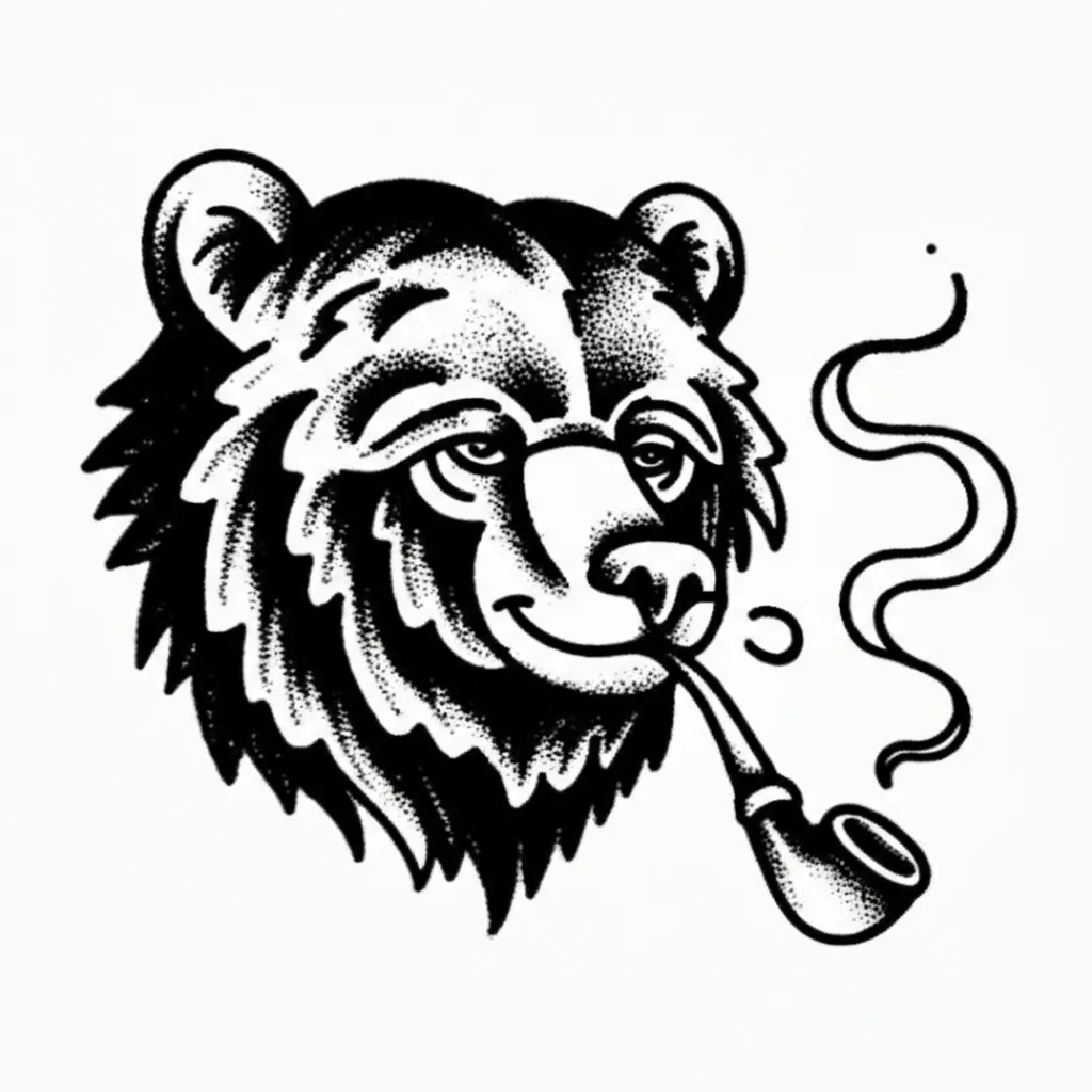 American Traditional Bear Smoking Pipe Tattoo Design