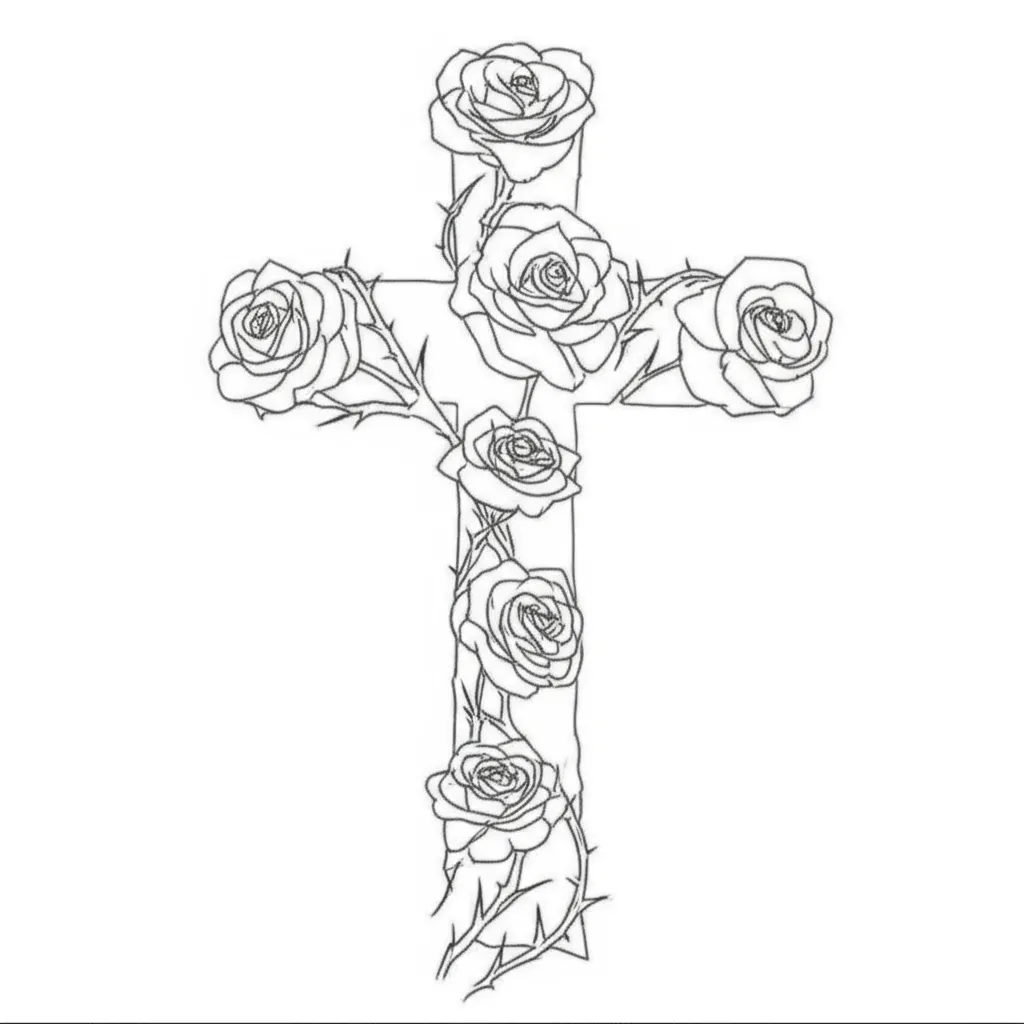 Minimalist Cross with Roses Tattoo Design