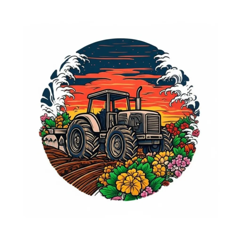 Japanese Traditional Tractor with Flowers and Sunset Tattoo Design Japanese Traditional Tractor with Flowers and Sunset Tattoo Design