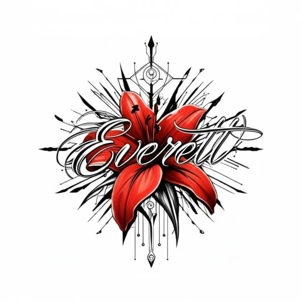 Everett Name Tattoo with Red Lily Flower in Cyber Sigilism Style