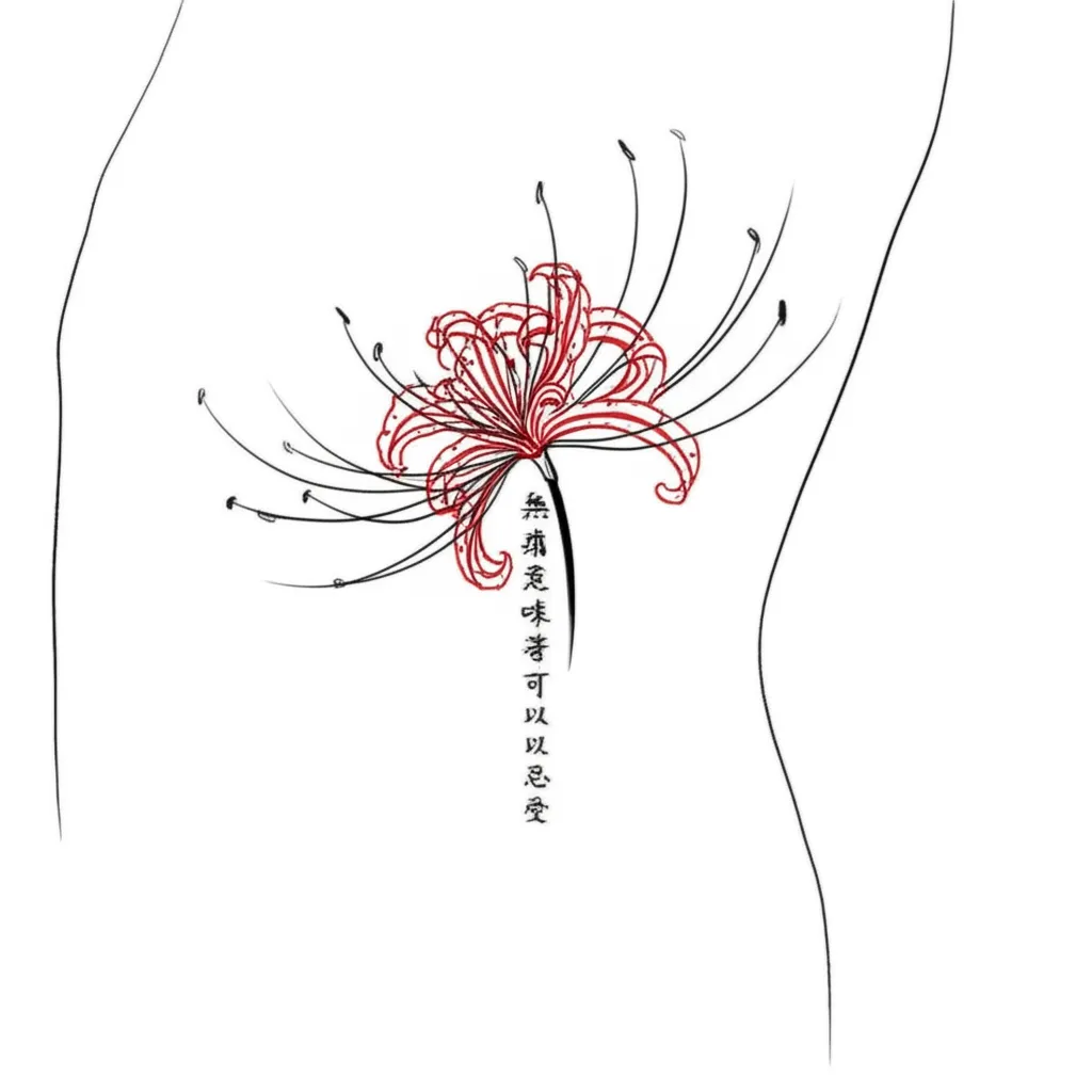 Minimalist Red Spider Lily Rib Tattoo with Chinese Quote Minimalist Red Spider Lily Rib Tattoo with Chinese Quote