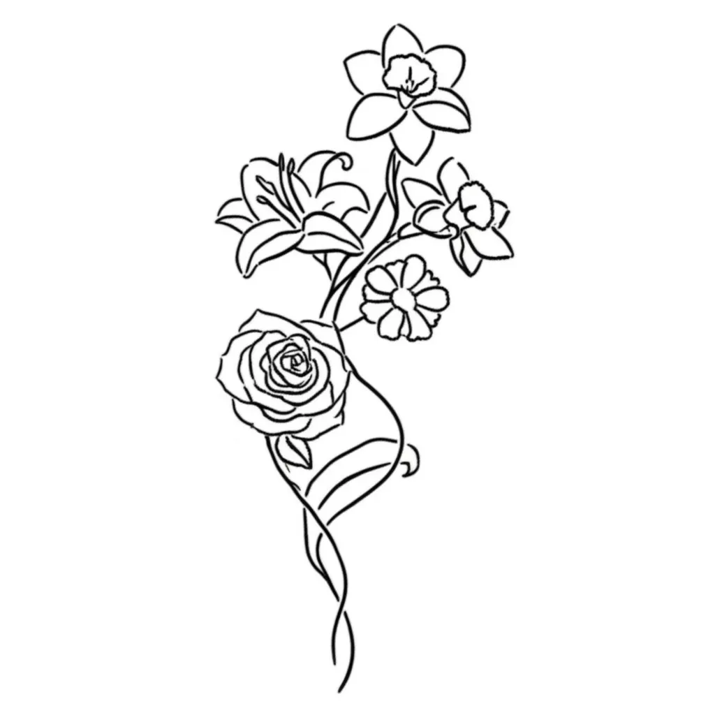 Minimalist Vine Tattoo Stencil with Lily, Rose, Orchid, Daisy, and Narcissus Flowers