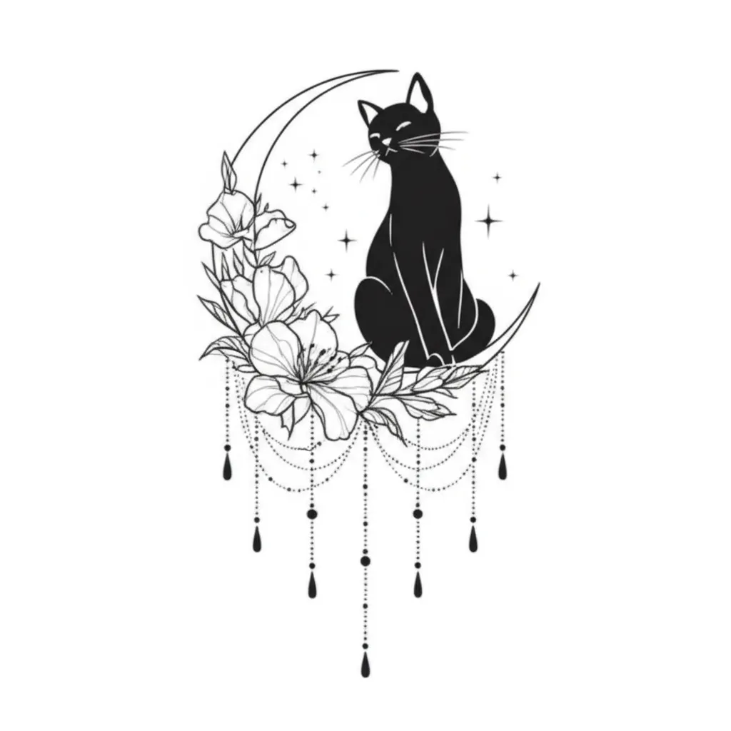 Minimalist Black Cat on Moon Tattoo with Floral Design