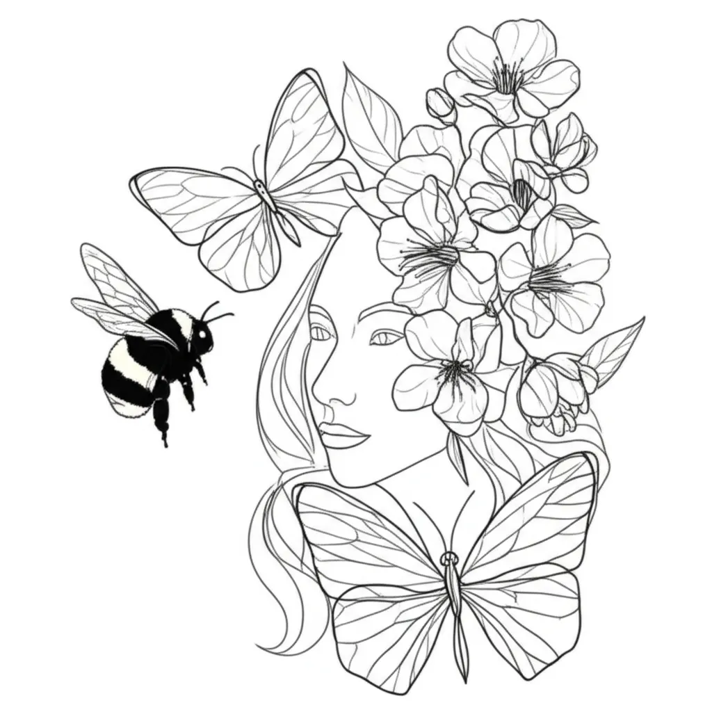 Minimalist Butterfly, Bee, and Floral Woman Face Tattoo Minimalist Butterfly, Bee, and Floral Woman Face Tattoo