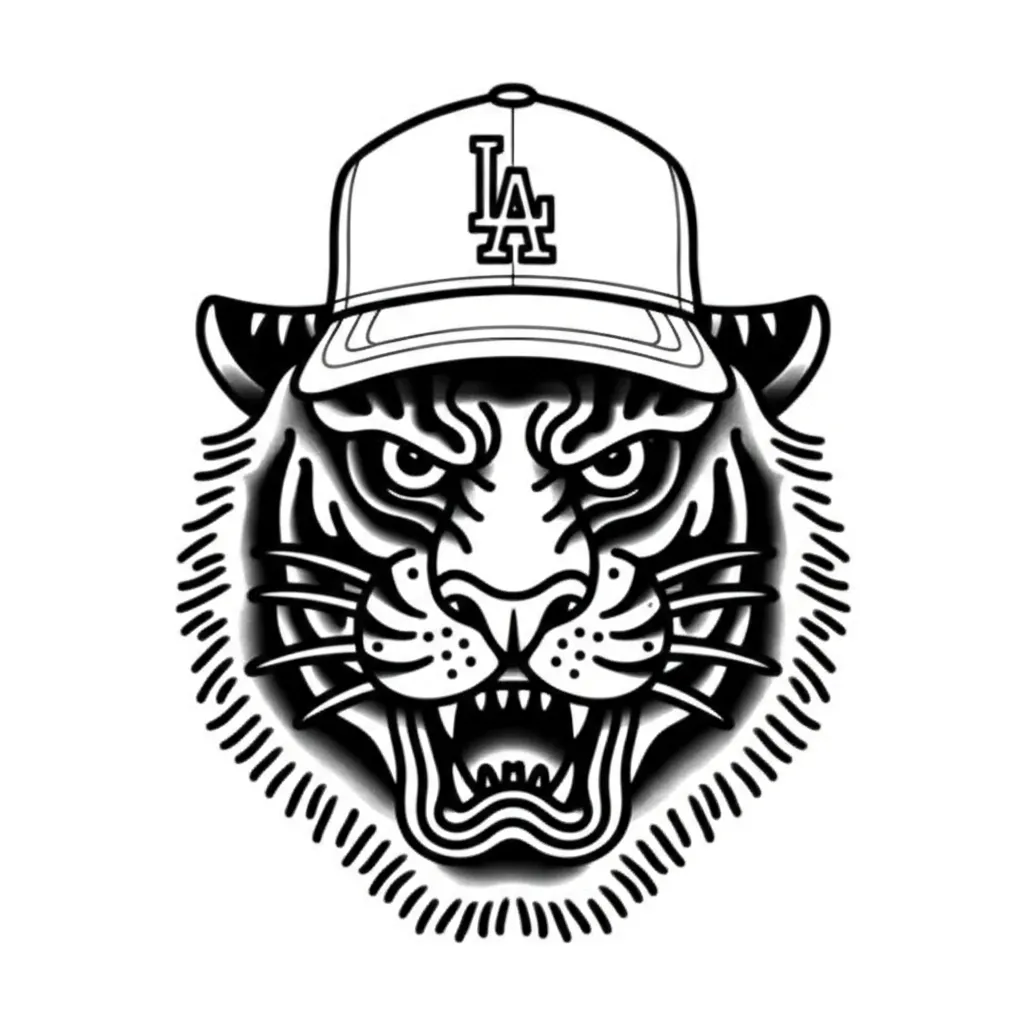 American Traditional Tiger with Dodgers Hat Tattoo