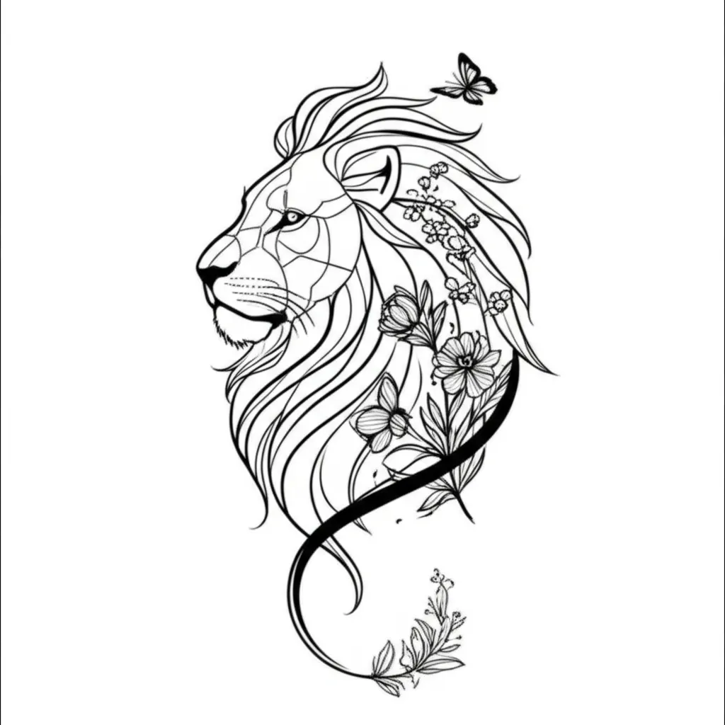 Minimalist Lion Tattoo with Flowers and Butterflies Minimalist Lion Tattoo with Flowers and Butterflies