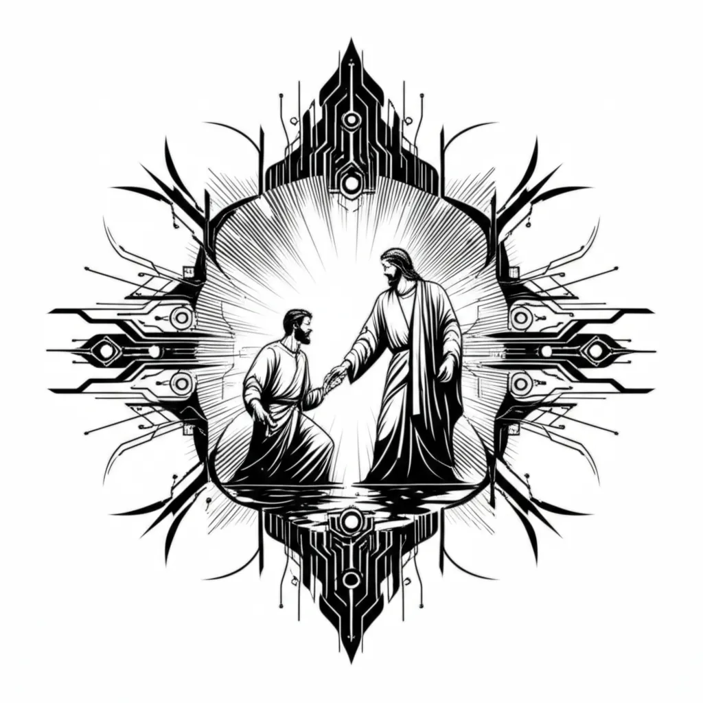 Jesus and Peter Walking on Water Cyber Sigilism Tattoo Jesus and Peter Walking on Water Cyber Sigilism Tattoo