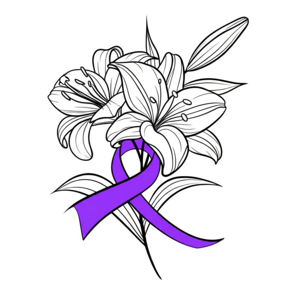 Minimalist Lily Flower Tattoo with Purple Awareness Ribbon