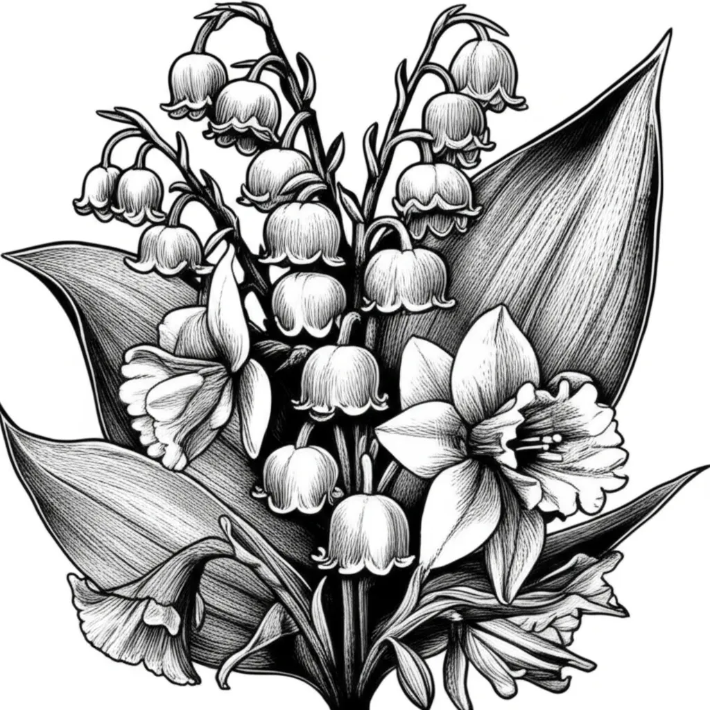 Lily of the Valley and Daffodil Hip Tattoo - Black and White Illustrative Design Lily of the Valley and Daffodil Hip Tattoo - Black and White Illustrative Design