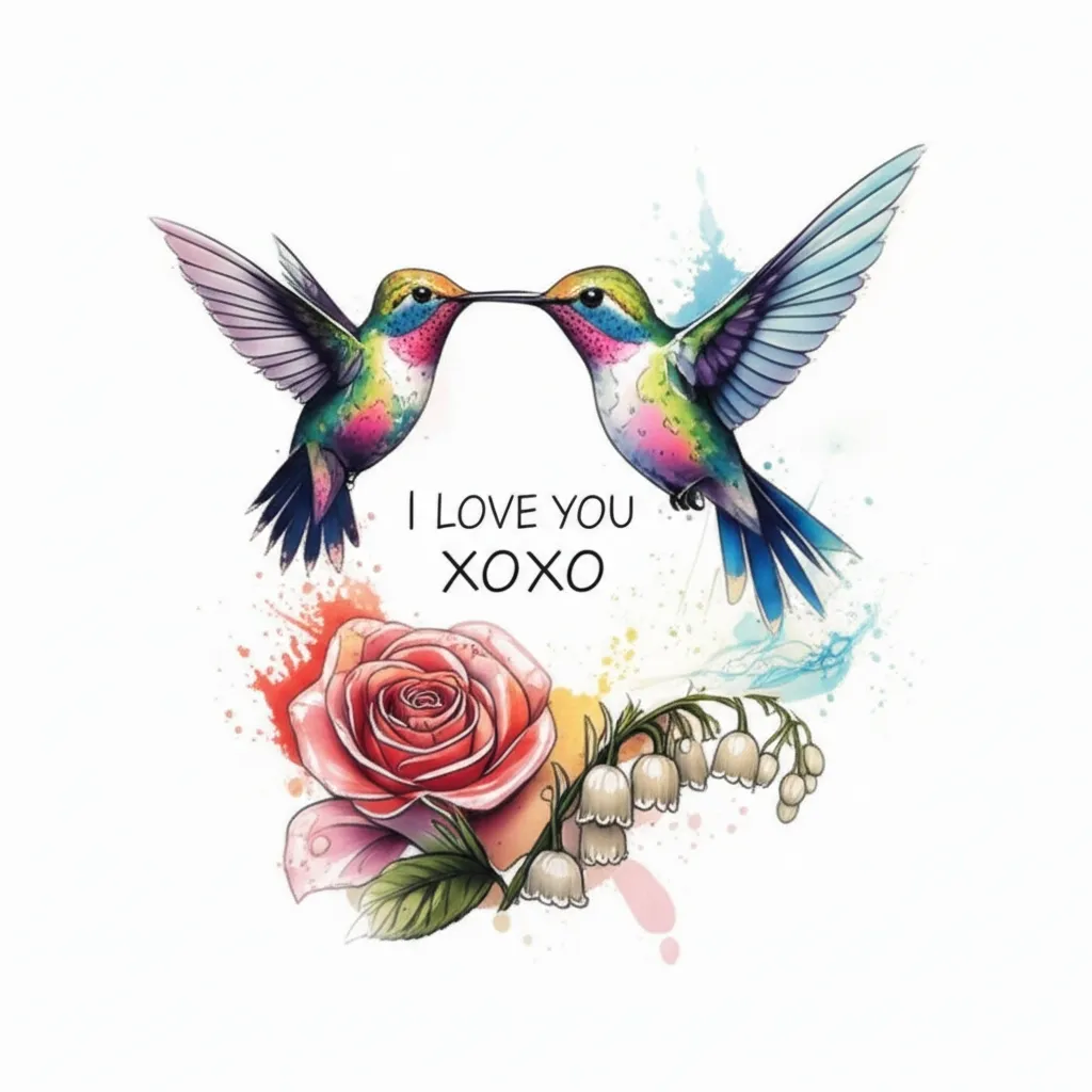 Watercolor Hummingbird Tattoo with Flowers and 'I Love You XOXO'