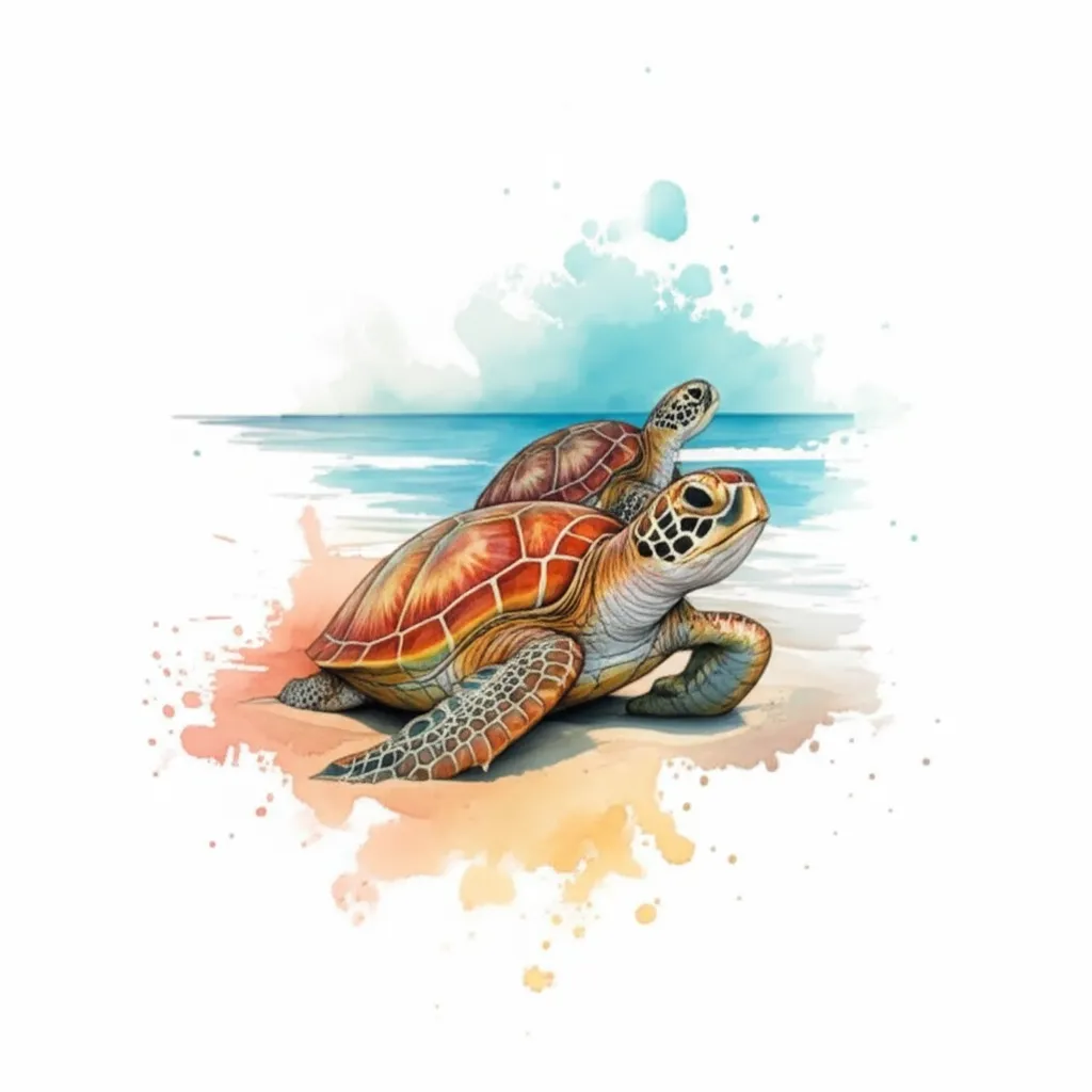 Watercolor Turtle Tattoo: 3 Turtles on a Sandy Beach