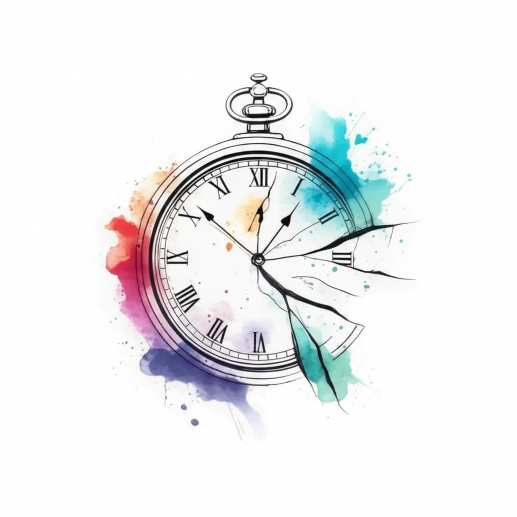 Broken Clock Watercolor Tattoo Design - Time and Impermanence Broken Clock Watercolor Tattoo Design - Time and Impermanence