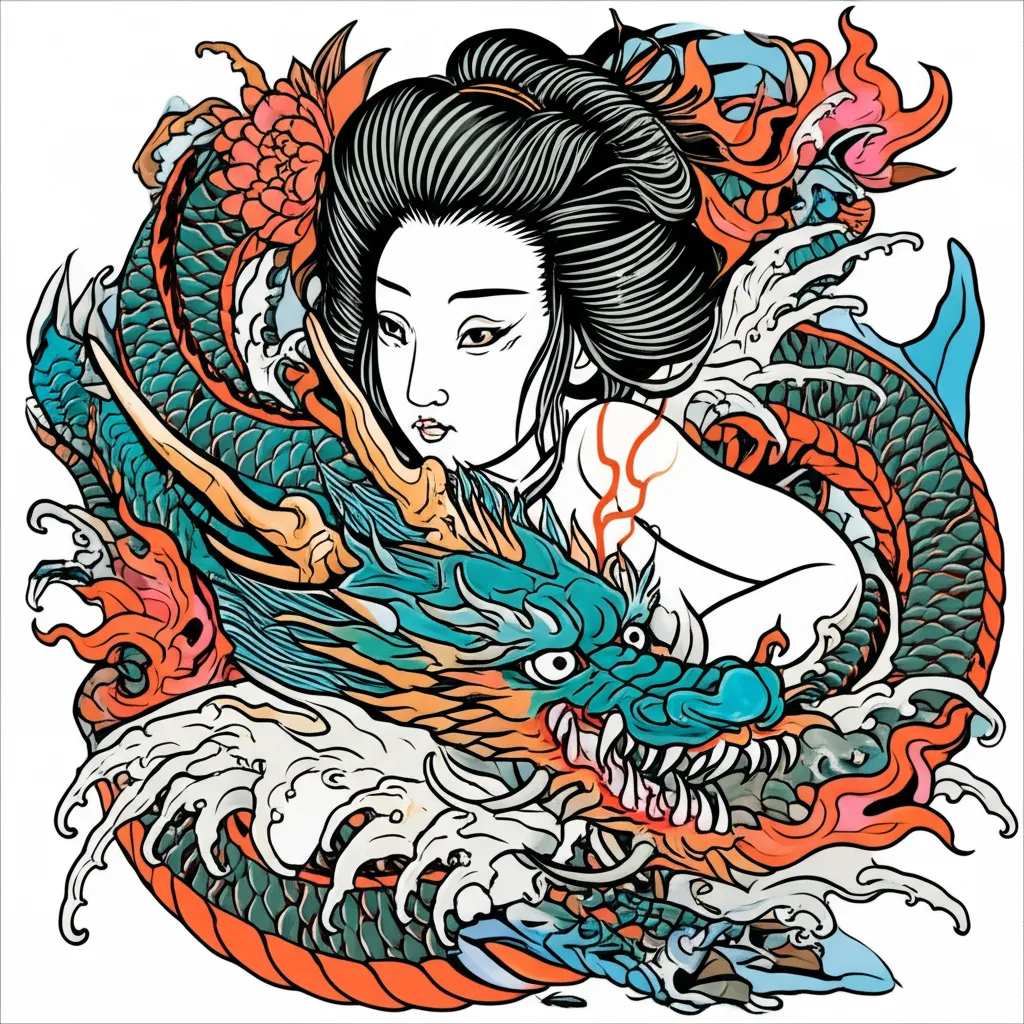 Japanese Woman and Dragon Tattoo Design Japanese Woman and Dragon Tattoo Design