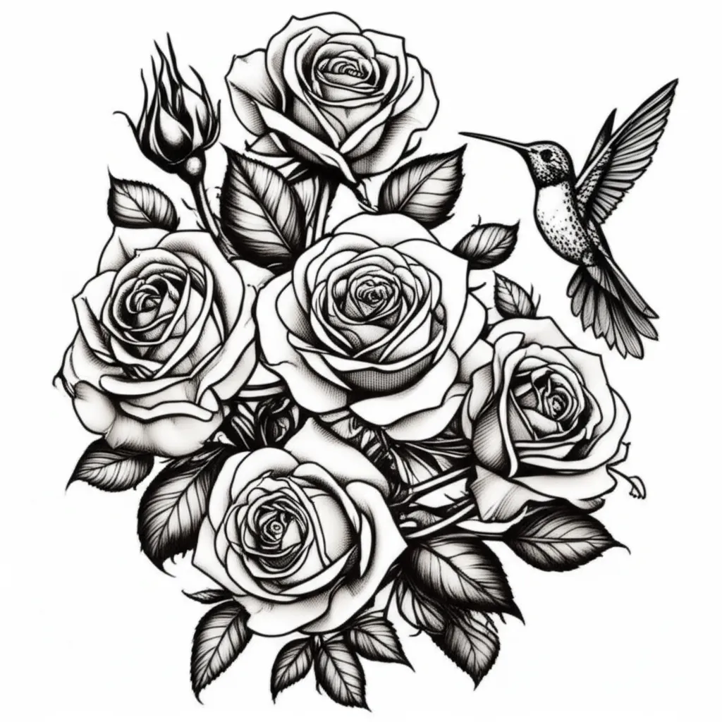 Gothic Roses and Hummingbird Tattoo Design