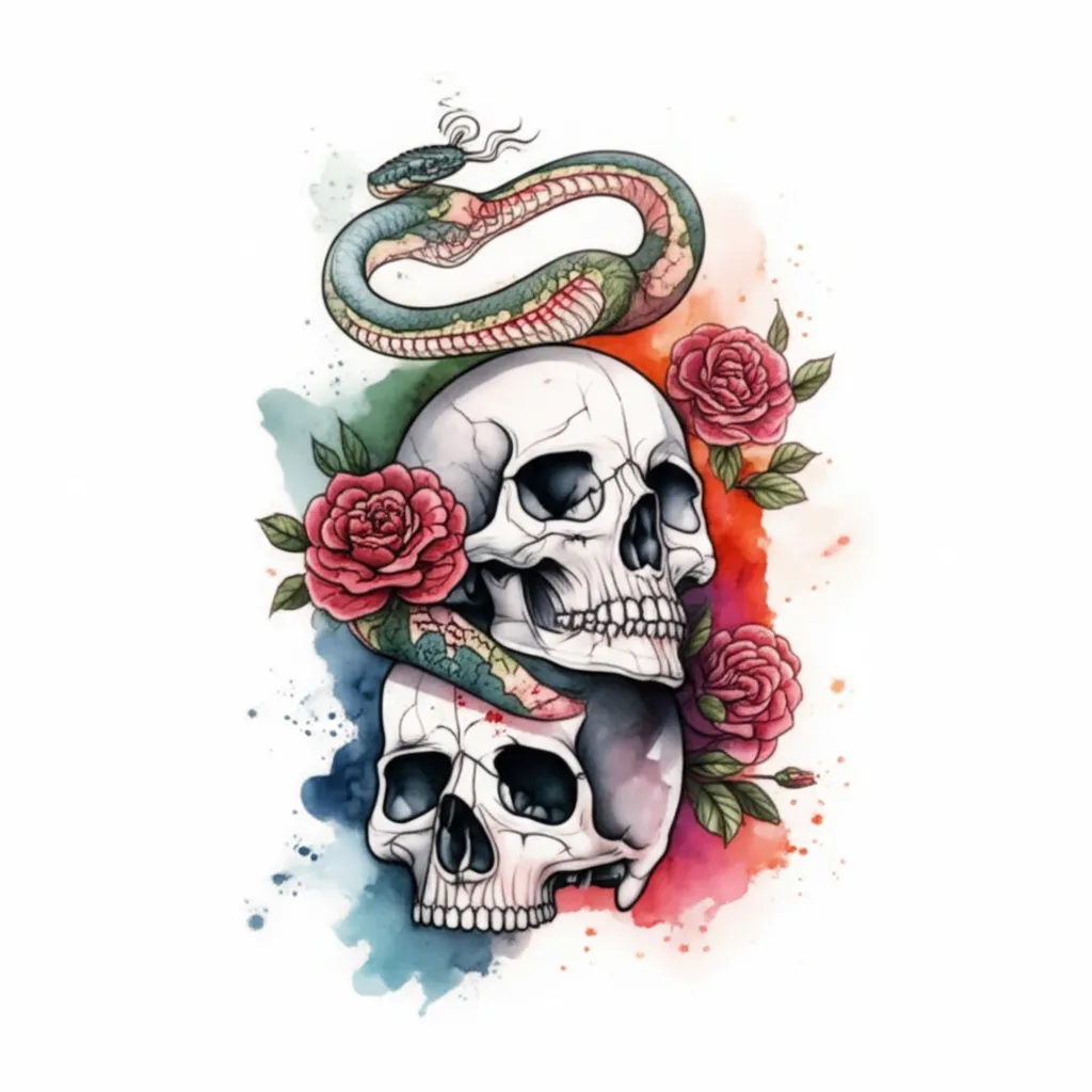 Watercolor Three Skulls with Snakes and Roses Tattoo Idea Watercolor Three Skulls with Snakes and Roses Tattoo Idea