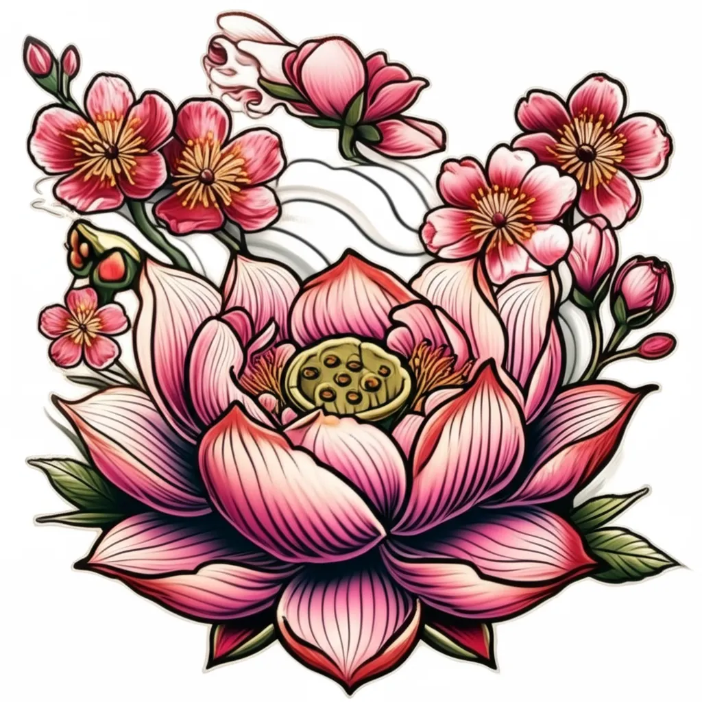 Neo-Traditional Lotus and Cherry Blossom Tattoo Design Neo-Traditional Lotus and Cherry Blossom Tattoo Design