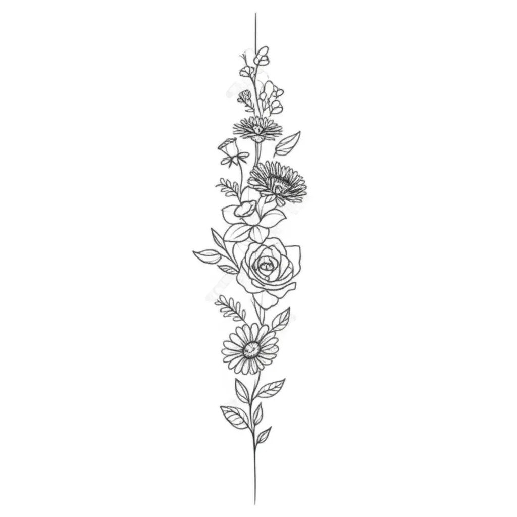 Minimalist Spine Tattoo with Aster, Roses, Daffodils & Daisies Minimalist Spine Tattoo with Aster, Roses, Daffodils & Daisies