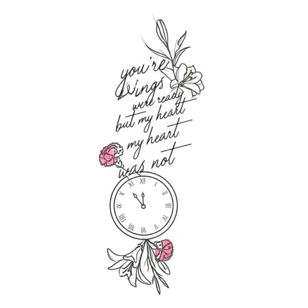 Minimalist Memorial Tattoo: Wings, Clock, and Flowers Minimalist Memorial Tattoo: Wings, Clock, and Flowers