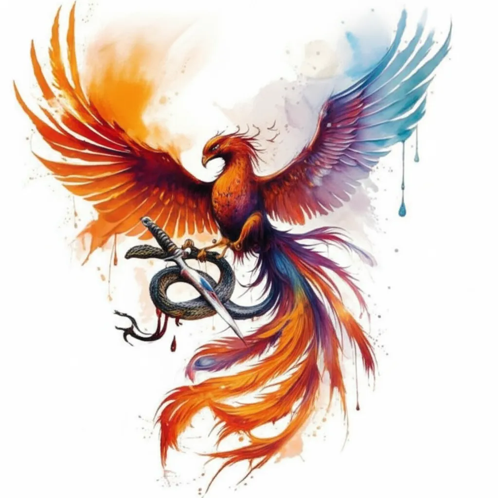 Watercolor Phoenix Tattoo with Snake and Blade Design Watercolor Phoenix Tattoo with Snake and Blade Design