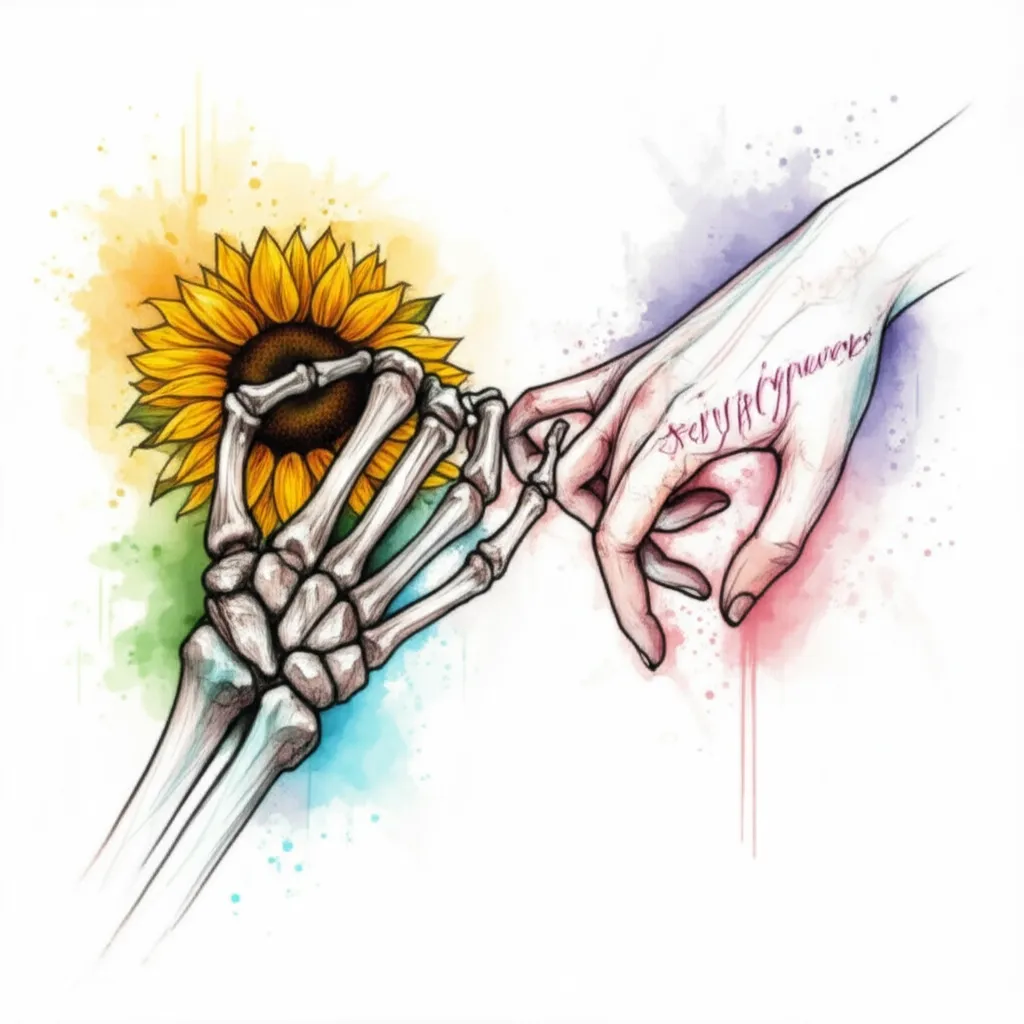 Watercolor Pinky Promise Tattoo with Sunflower and Skeleton Hand