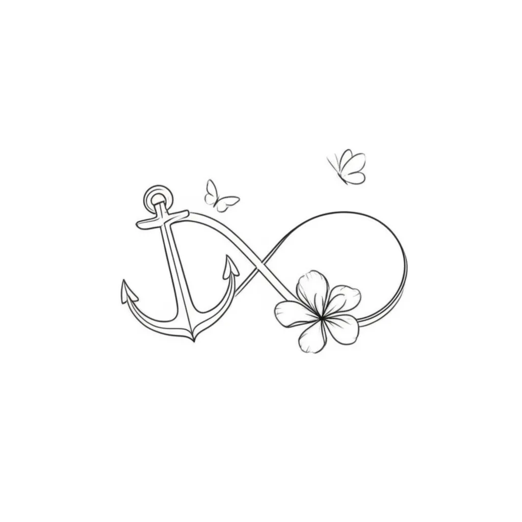 Minimalist Infinity Anchor Tattoo with Flower and Butterflies